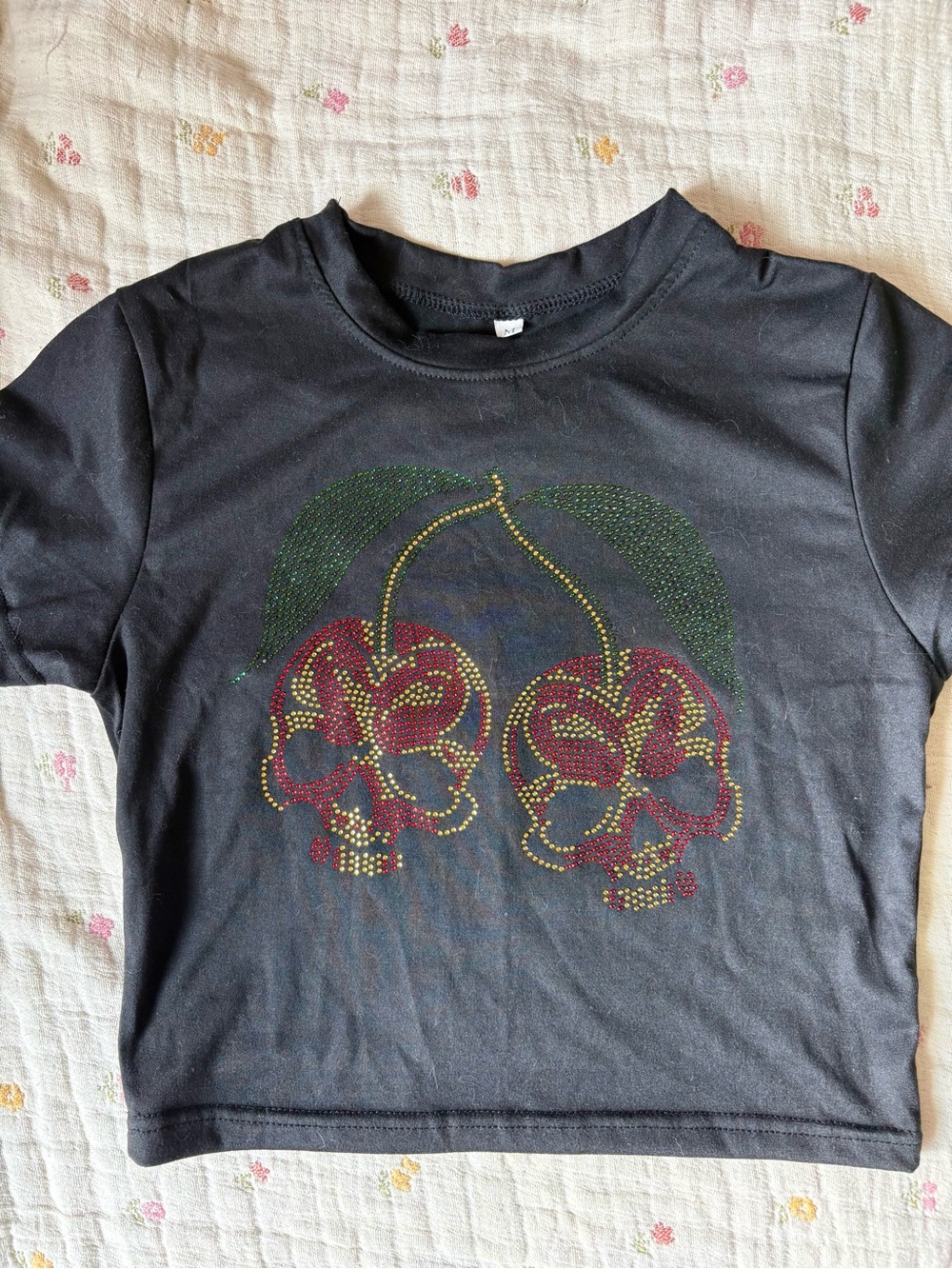 Black Rhinestone Cherry Skull Y2K Cropped Baby Tee